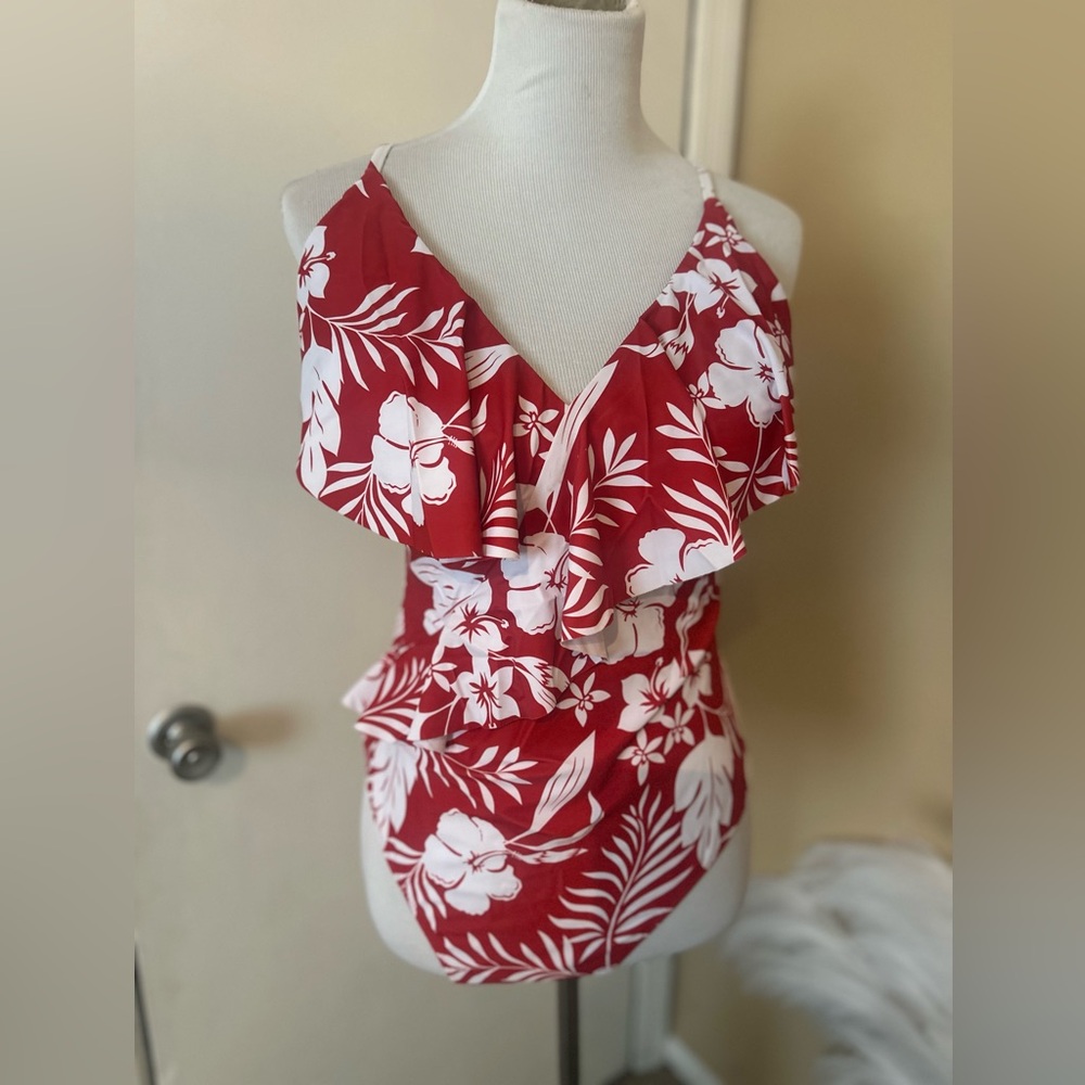 One piece tropical ruffled swimsuit.  NWT